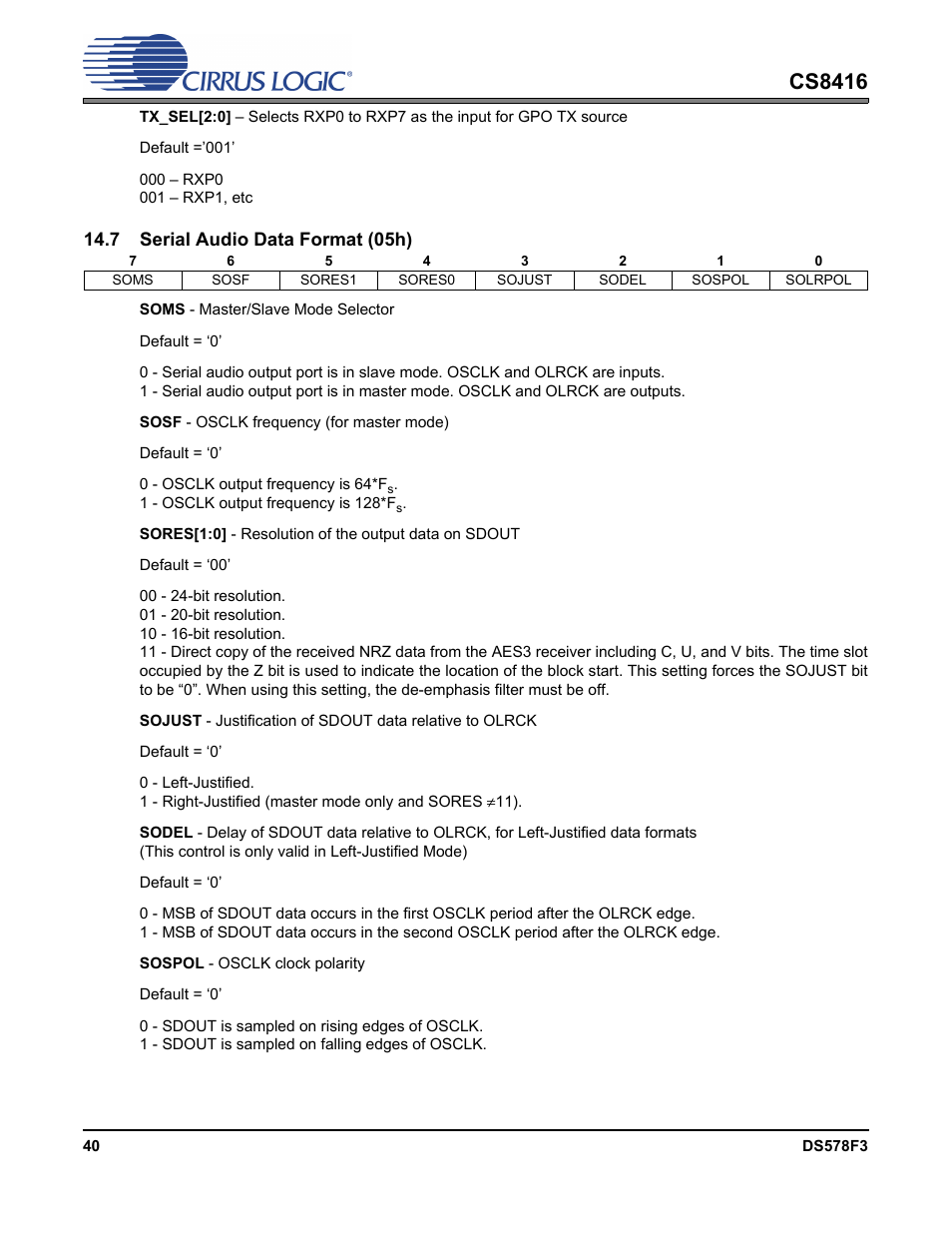 7 serial audio data format (05h), Cs8416 | Cirrus Logic CS8416 User Manual | Page 40 / 60