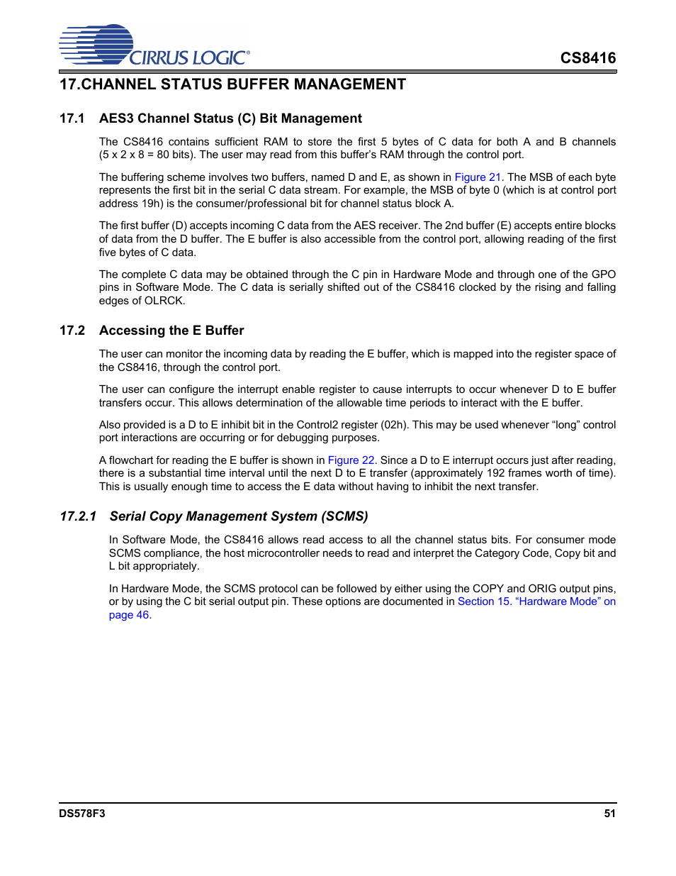 Channel status buffer management, 1 aes3 channel status (c) bit management, 2 accessing the e buffer | 1 serial copy management system (scms), Channel status buffer management” on | Cirrus Logic CS8416 User Manual | Page 51 / 60