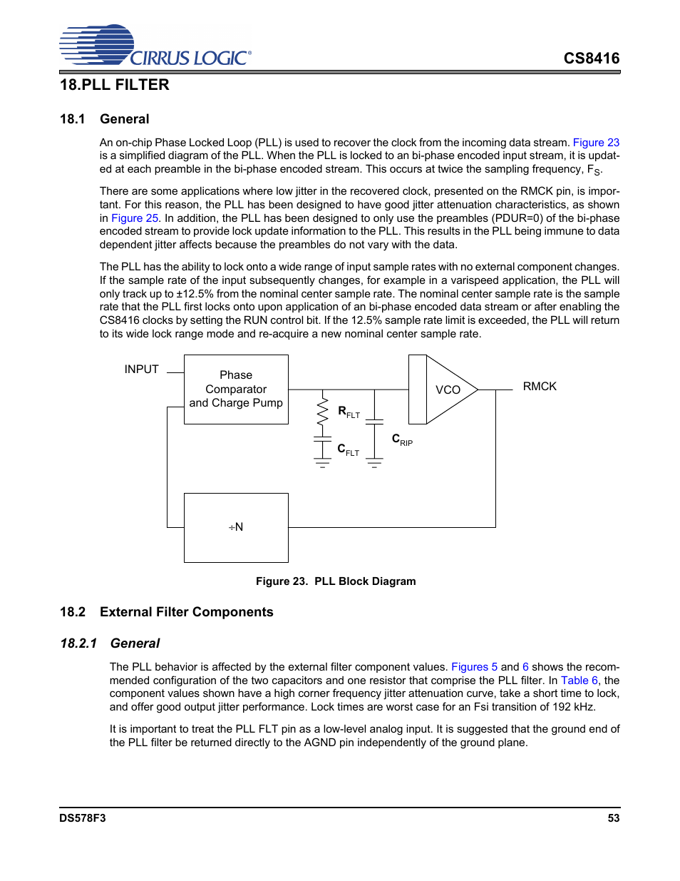 Pll filter, 1 general, Figure 23. pll block diagram | 2 external filter components, 1 general 18.2 external filter components, Pll filter” on | Cirrus Logic CS8416 User Manual | Page 53 / 60