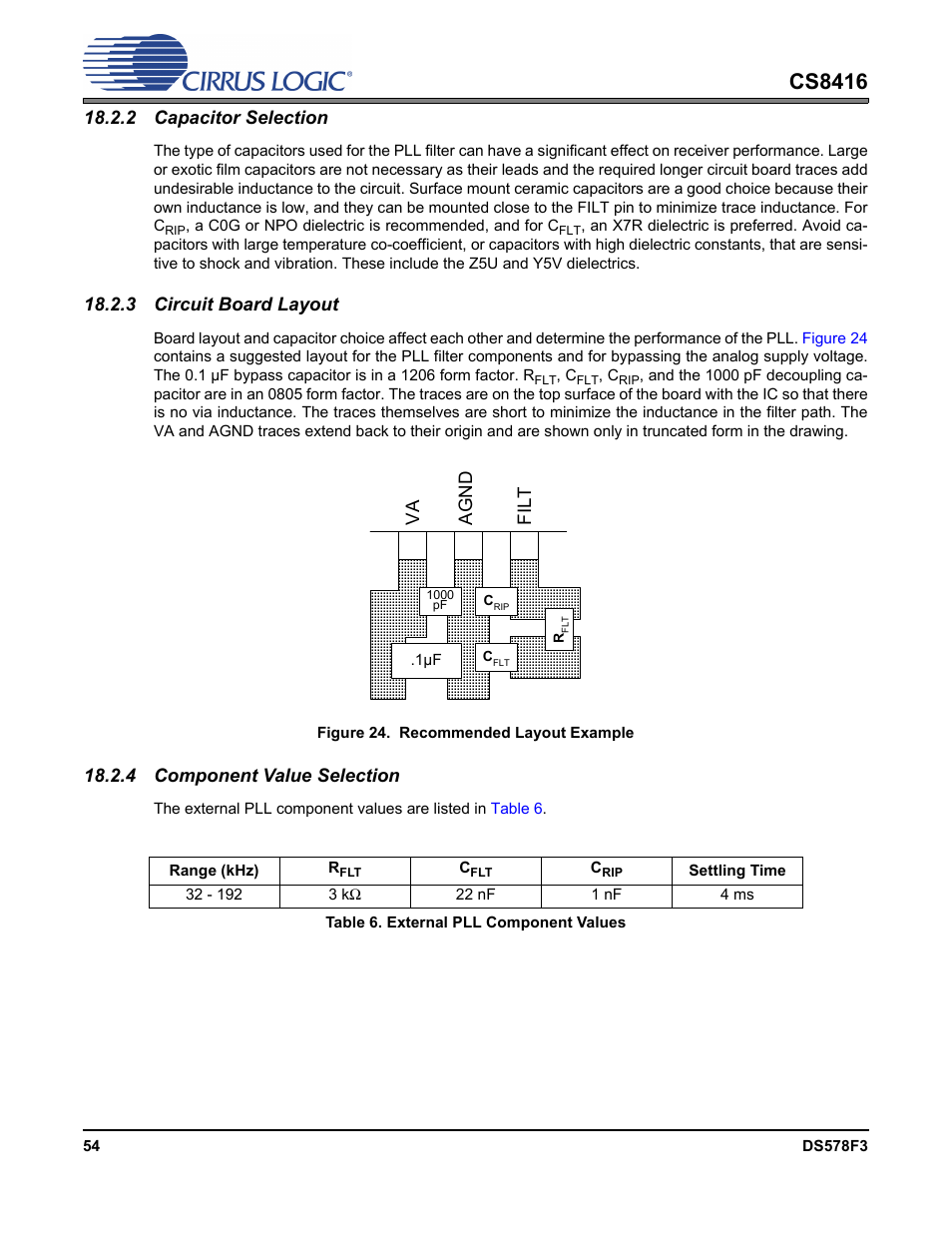 2 capacitor selection, 3 circuit board layout, Figure 24. recommended layout example | 4 component value selection, Table 6. external pll component values, For pll, Filter. in, Table 6, Cs8416 | Cirrus Logic CS8416 User Manual | Page 54 / 60