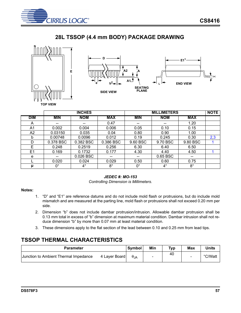 Tssop thermal characteristics, Cs8416, 28l tssop (4.4 mm body) package drawing | Cirrus Logic CS8416 User Manual | Page 57 / 60
