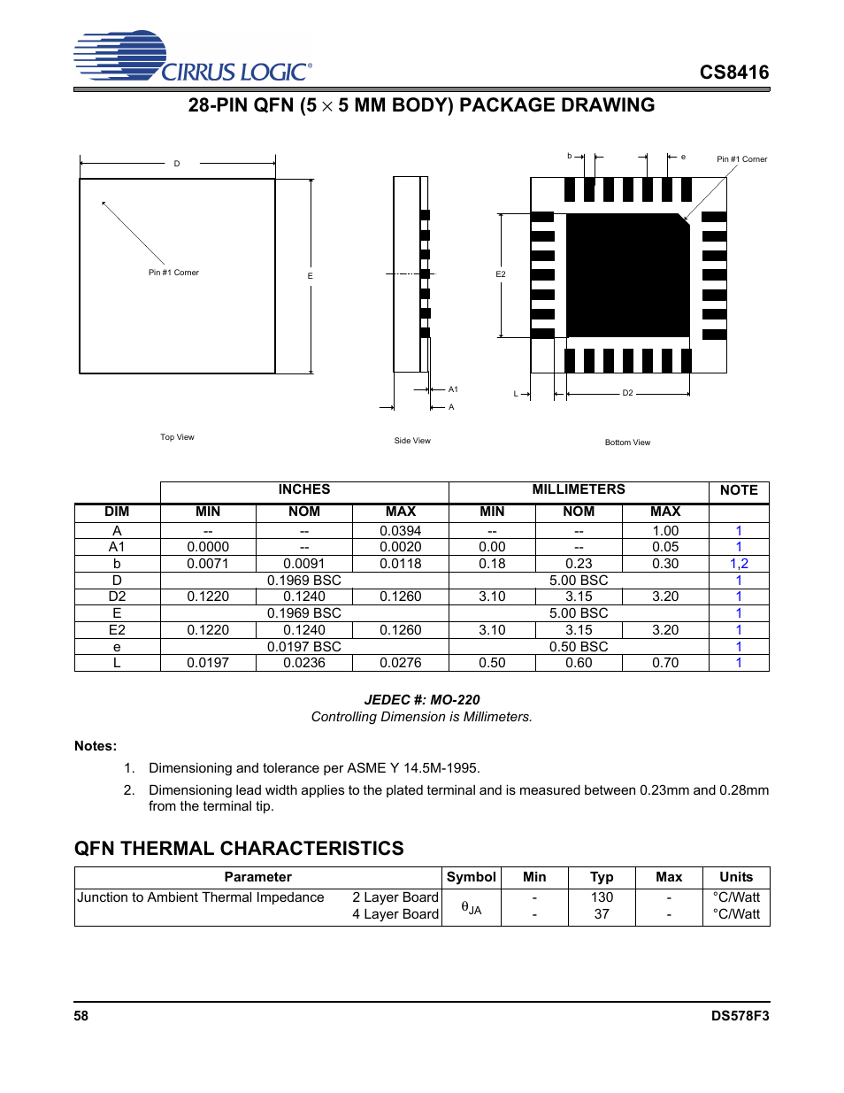 Qfn thermal characteristics | Cirrus Logic CS8416 User Manual | Page 58 / 60