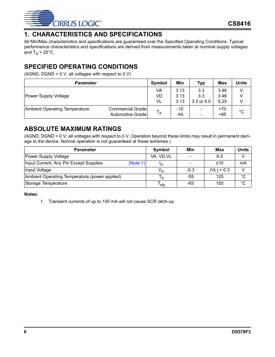 Characteristics and specifications, Specified operating conditions, Absolute maximum ratings | Cirrus Logic CS8416 User Manual | Page 6 / 60