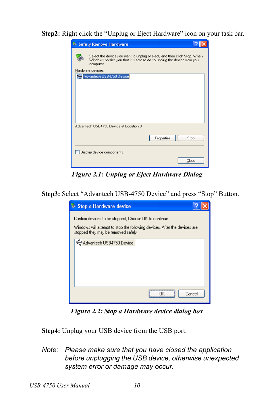 Figure 2.1: unplug or eject hardware dialog, Figure 2.2: stop a hardware device dialog box | Advantech USB-4750 User Manual | Page 16 / 24