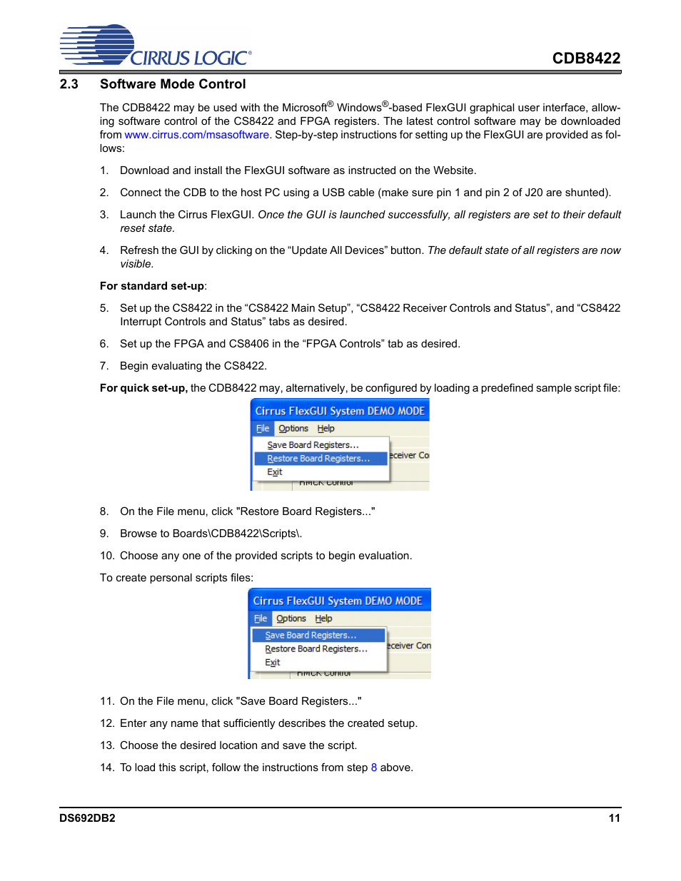 3 software mode control, Section 2.3, Section | R to, Cdb8422 | Cirrus Logic CDB8422 User Manual | Page 11 / 46