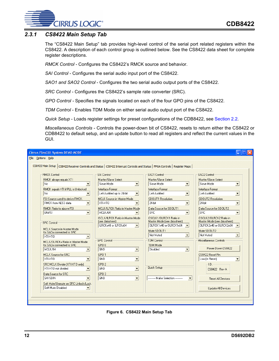 1 cs8422 main setup tab, Figure 6.cs8422 main setup tab, Cdb8422 | Cirrus Logic CDB8422 User Manual | Page 12 / 46