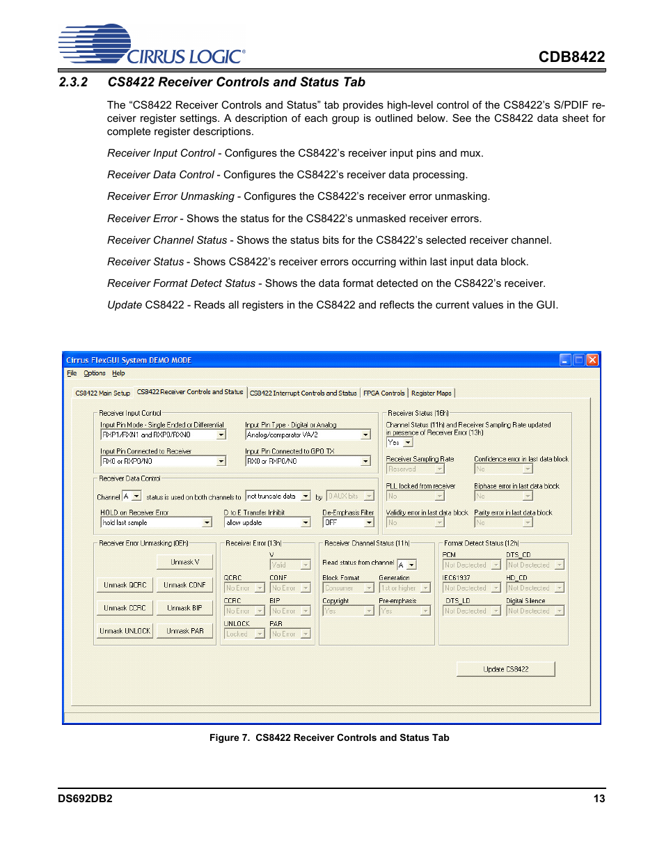 2 cs8422 receiver controls and status tab, Figure 7.cs8422 receiver controls and status tab, Cdb8422 | Cirrus Logic CDB8422 User Manual | Page 13 / 46