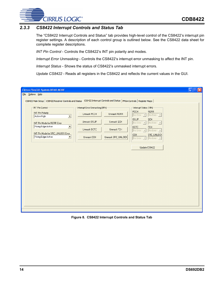 3 cs8422 interrupt controls and status tab, Figure 8.cs8422 interrupt controls and status tab, Cdb8422 | Cirrus Logic CDB8422 User Manual | Page 14 / 46