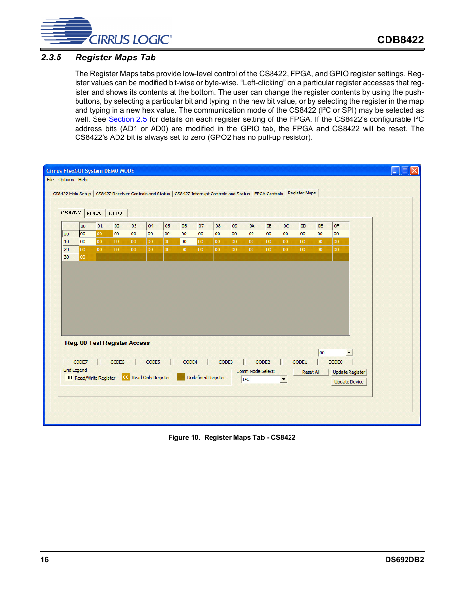 5 register maps tab, Figure 10.register maps tab - cs8422, Cdb8422 | Cirrus Logic CDB8422 User Manual | Page 16 / 46