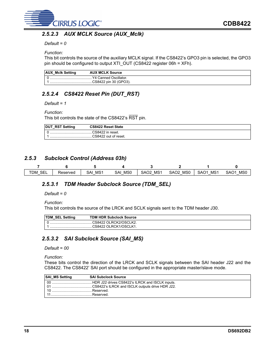 3 subclock control (address 03h), Section 2.5.2.3, Cdb8422 | 3 aux mclk source (aux_mclk), 2 sai subclock source (sai_ms) | Cirrus Logic CDB8422 User Manual | Page 18 / 46