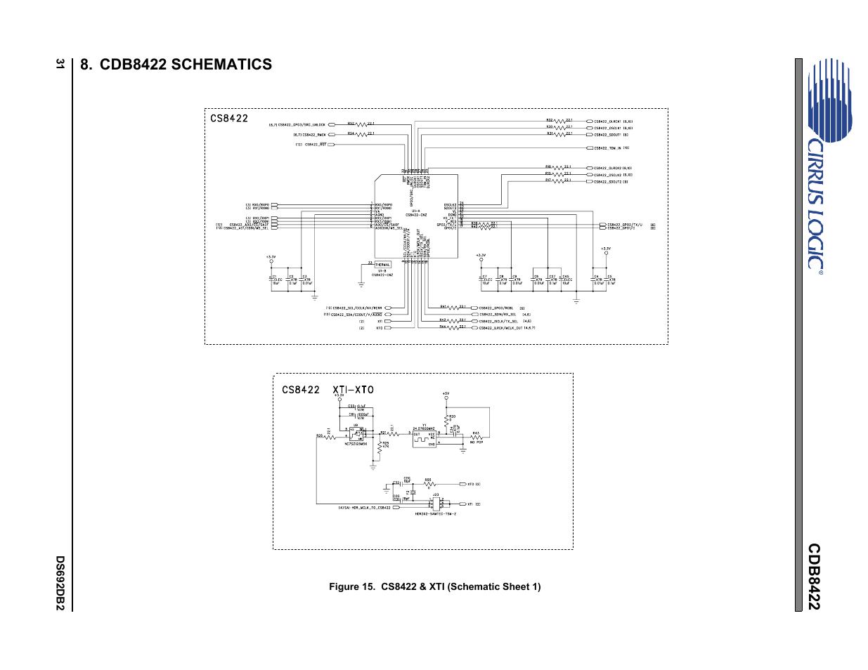 Cdb8422 schematics, Figure 15.cs8422 & xti (schematic sheet 1), Figures 15 | Cirrus Logic CDB8422 User Manual | Page 31 / 46
