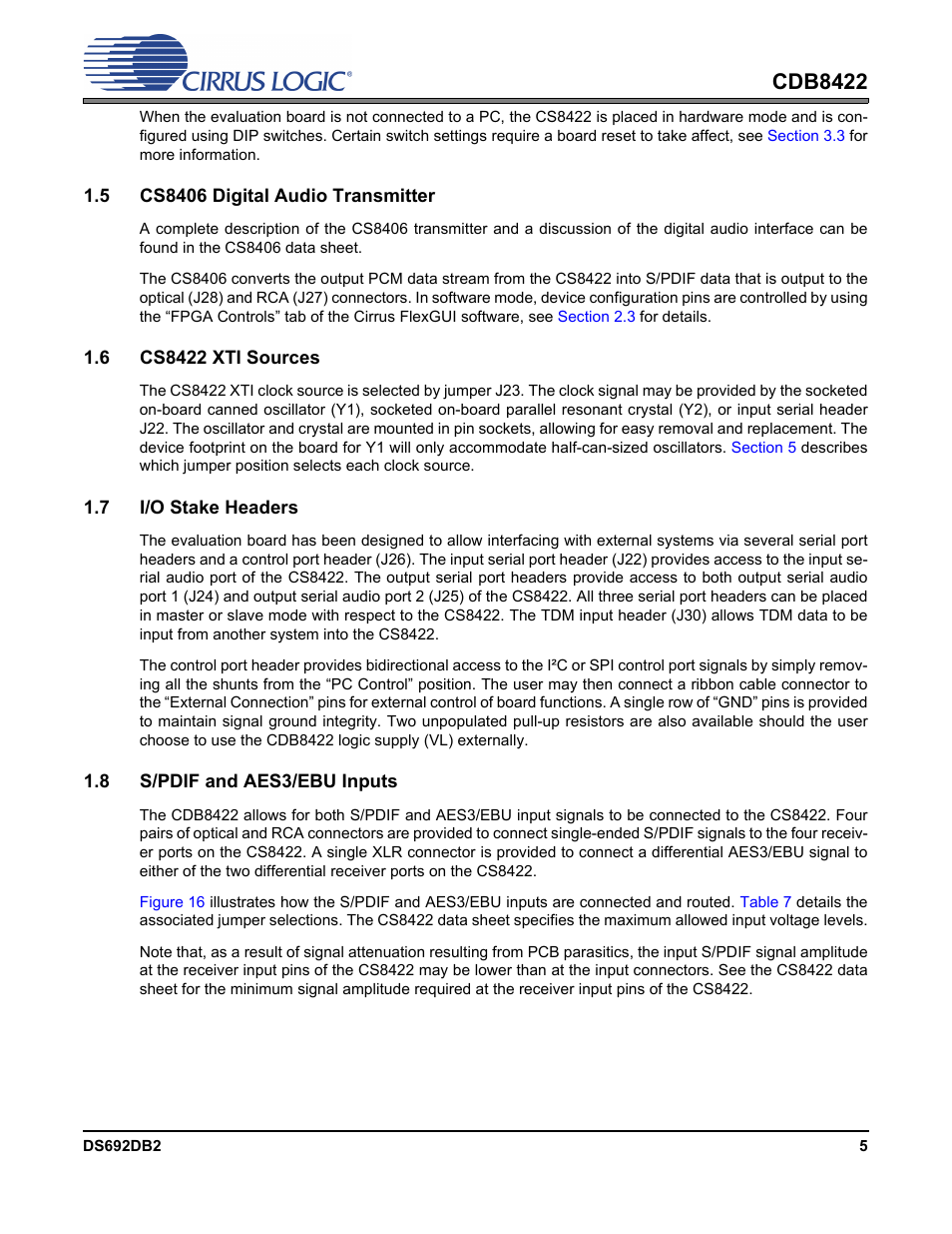 5 cs8406 digital audio transmitter, 6 cs8422 xti sources, 7 i/o stake headers | 8 s/pdif and aes3/ebu inputs, Cdb8422 | Cirrus Logic CDB8422 User Manual | Page 5 / 46