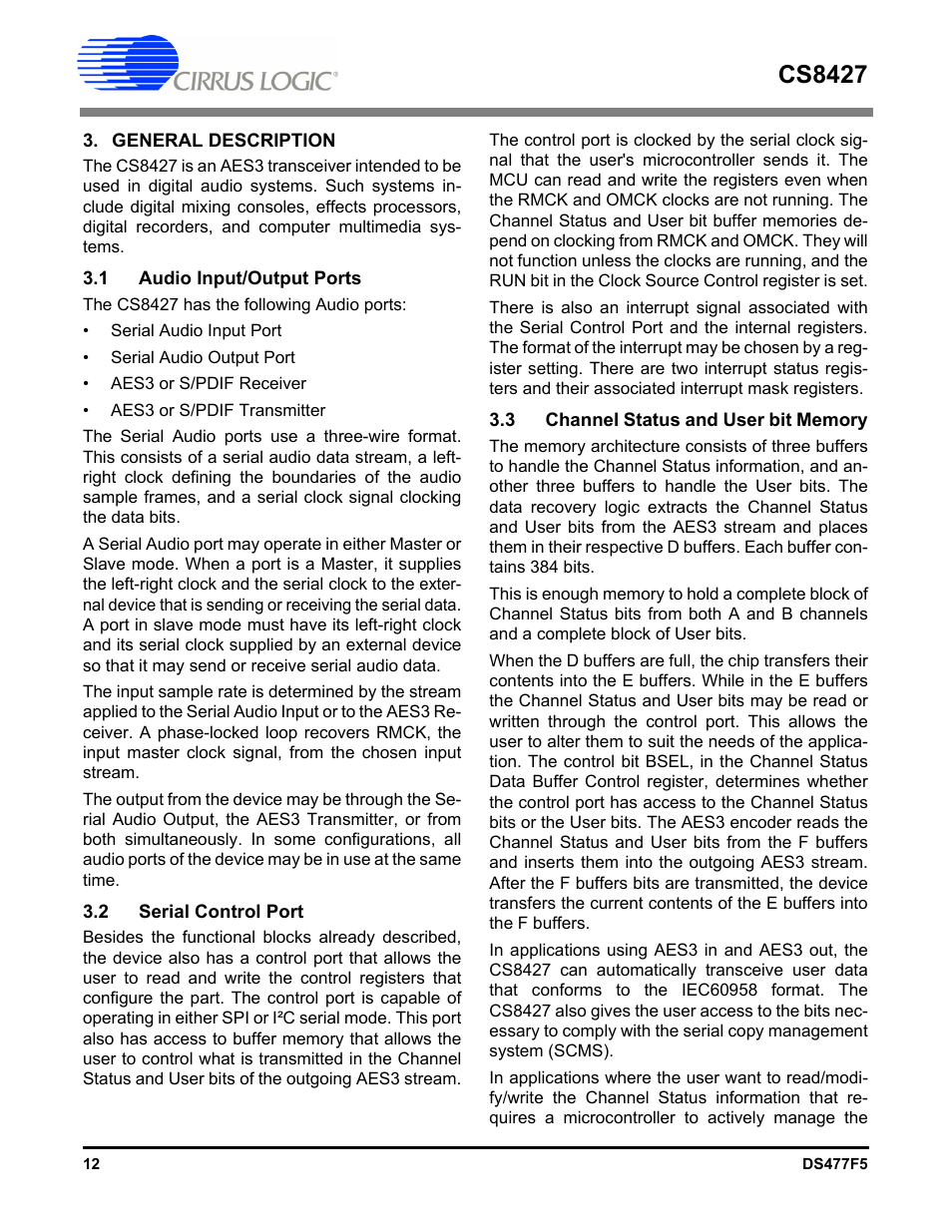 General description, 1 audio input/output ports, 2 serial control port | 3 channel status and user bit memory, Cs8427 | Cirrus Logic CS8427 User Manual | Page 12 / 60