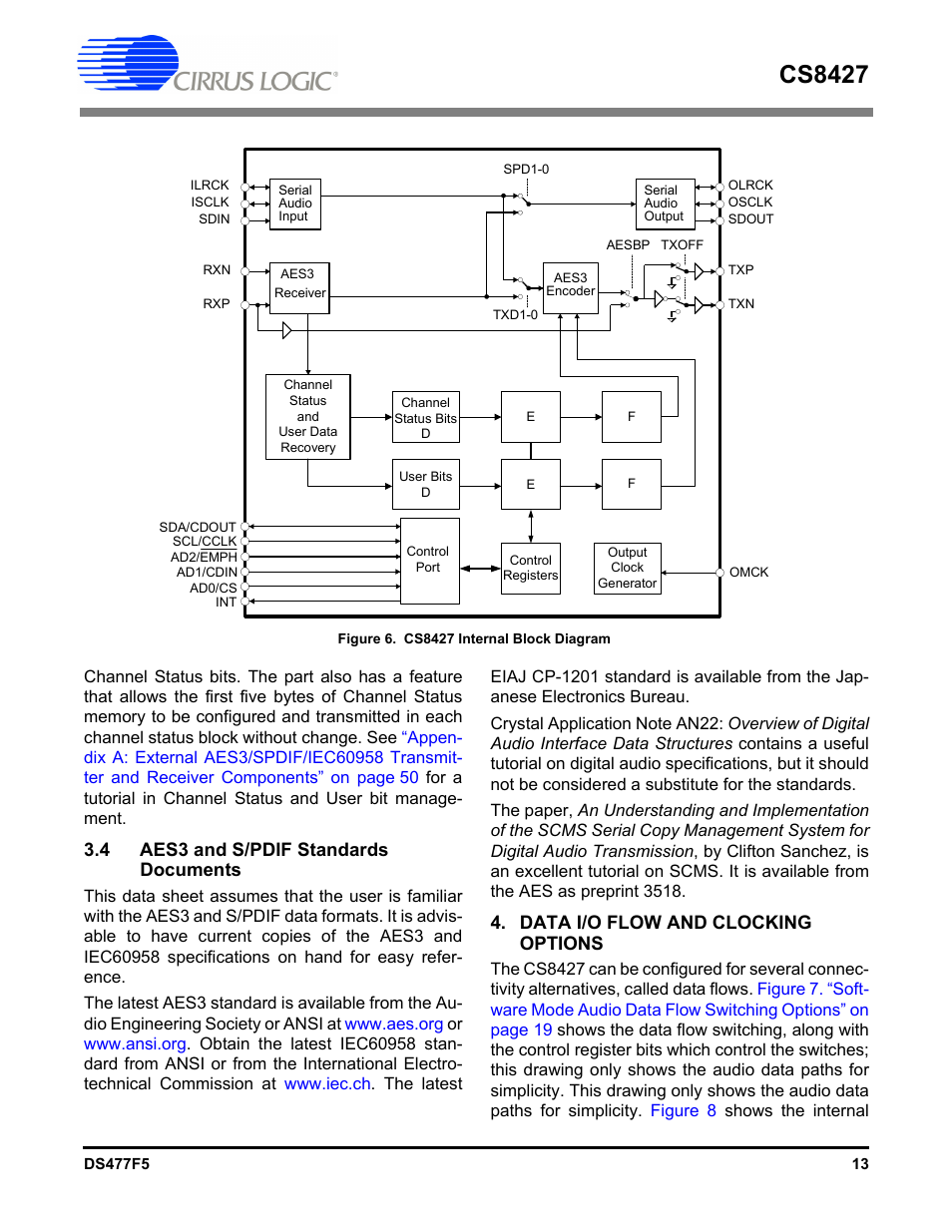 4 aes3 and s/pdif standards documents, Data i/o flow and clocking options, Figure 6. cs8427 internal block diagram | Cs8427 | Cirrus Logic CS8427 User Manual | Page 13 / 60