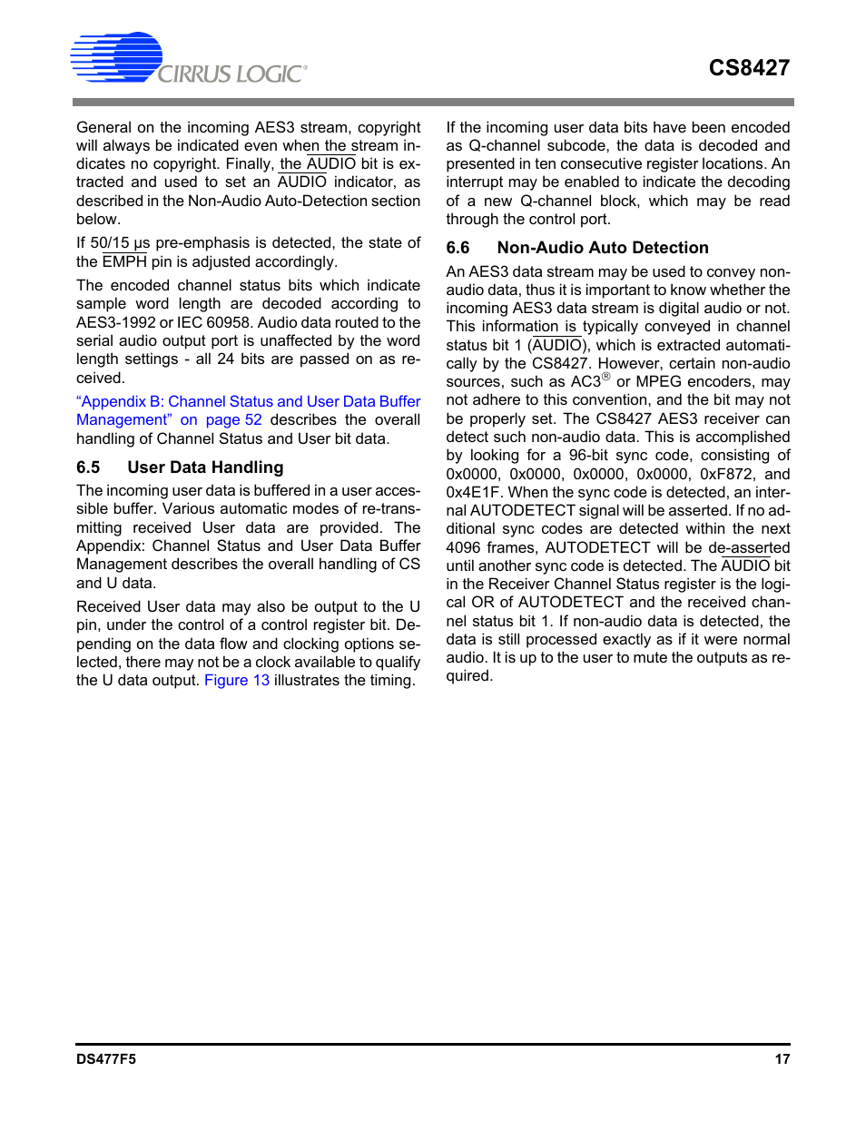 5 user data handling, 6 non-audio auto detection, 5 user data handling 6.6 non-audio auto detection | Cs8427 | Cirrus Logic CS8427 User Manual | Page 17 / 60