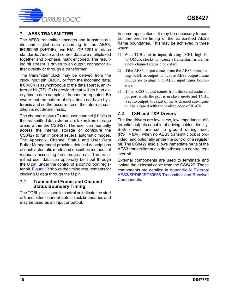 Aes3 transmitter, 2 txn and txp drivers, Cs8427 | Cirrus Logic CS8427 User Manual | Page 18 / 60