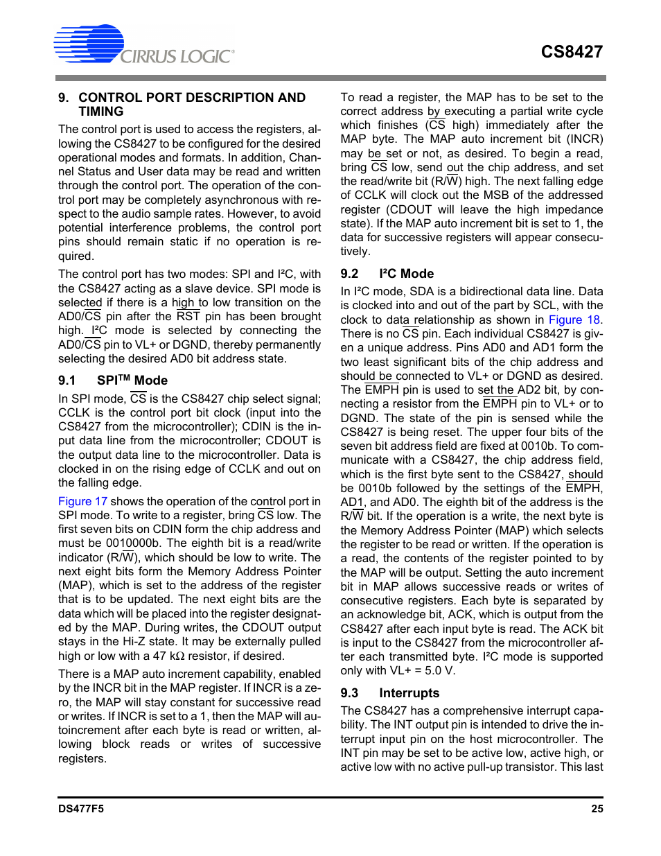 Control port description and timing, 1 spitm mode, 2 i·c mode | 3 interrupts, 1 spitm mode 9.2 i²c mode 9.3 interrupts, Cs8427 | Cirrus Logic CS8427 User Manual | Page 25 / 60
