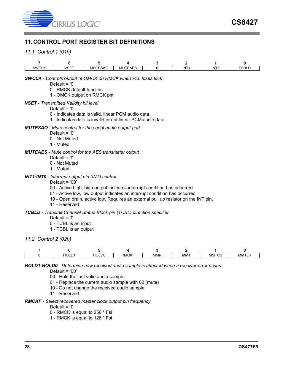 Control port register bit definitions, 1 control 1 (01h) 11.2 control 2 (02h), Cs8427 | Cirrus Logic CS8427 User Manual | Page 28 / 60