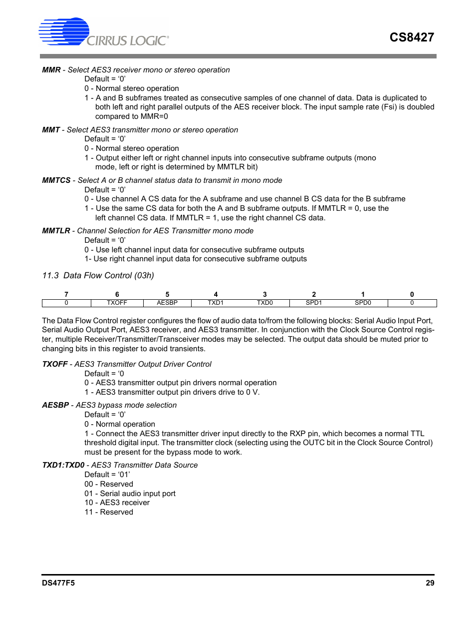 3 data flow control (03h), Cs8427 | Cirrus Logic CS8427 User Manual | Page 29 / 60