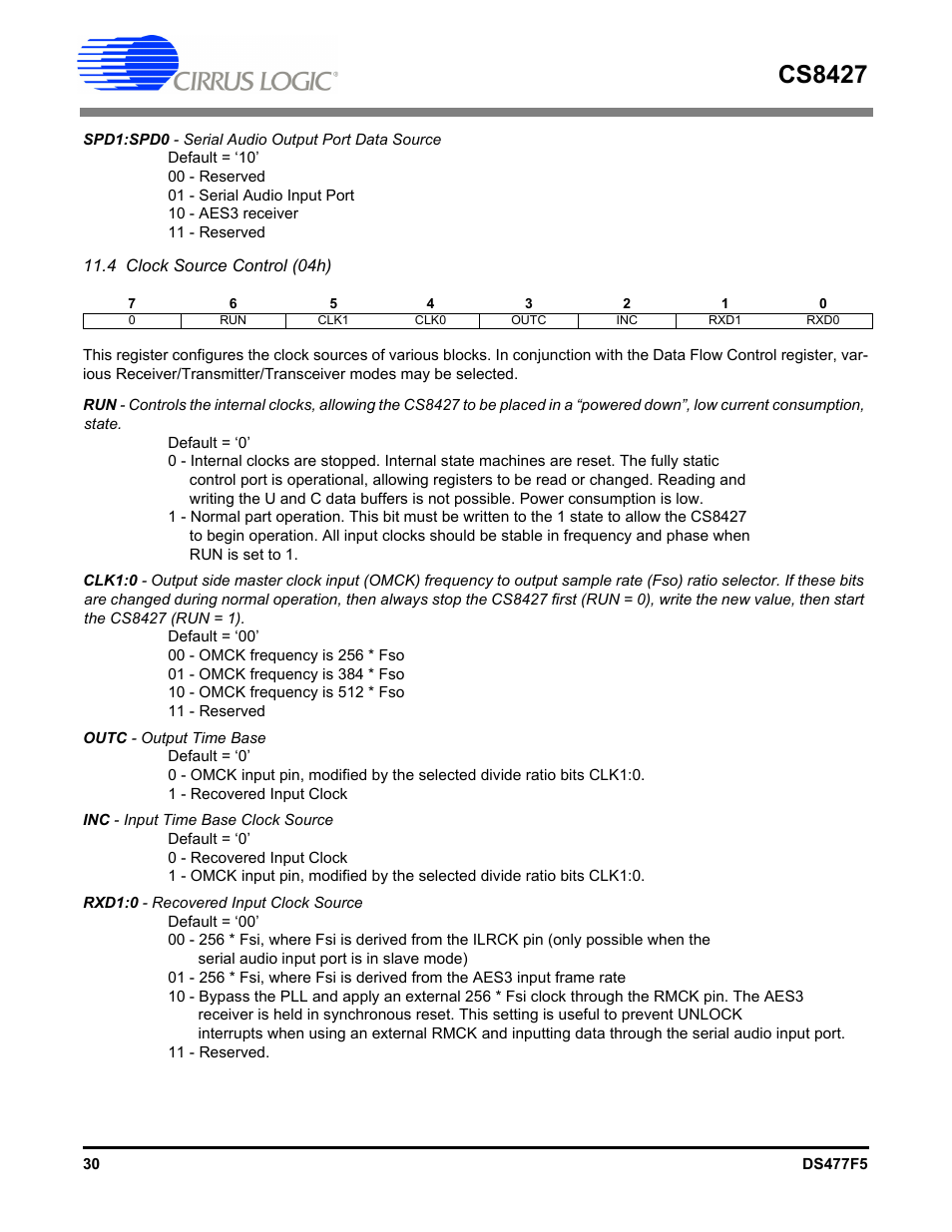 4 clock source control (04h), Cs8427 | Cirrus Logic CS8427 User Manual | Page 30 / 60