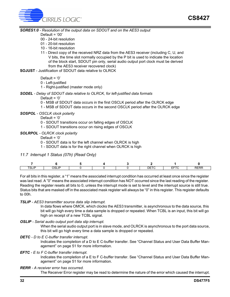 7 interrupt 1 status (07h) (read only), Cs8427 | Cirrus Logic CS8427 User Manual | Page 32 / 60