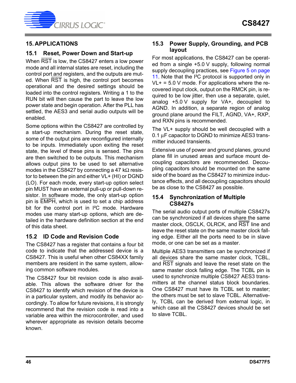 Applications, 1 reset, power down and start-up, 2 id code and revision code | 3 power supply, grounding, and pcb layout, 4 synchronization of multiple cs8427s, Cs8427 | Cirrus Logic CS8427 User Manual | Page 46 / 60