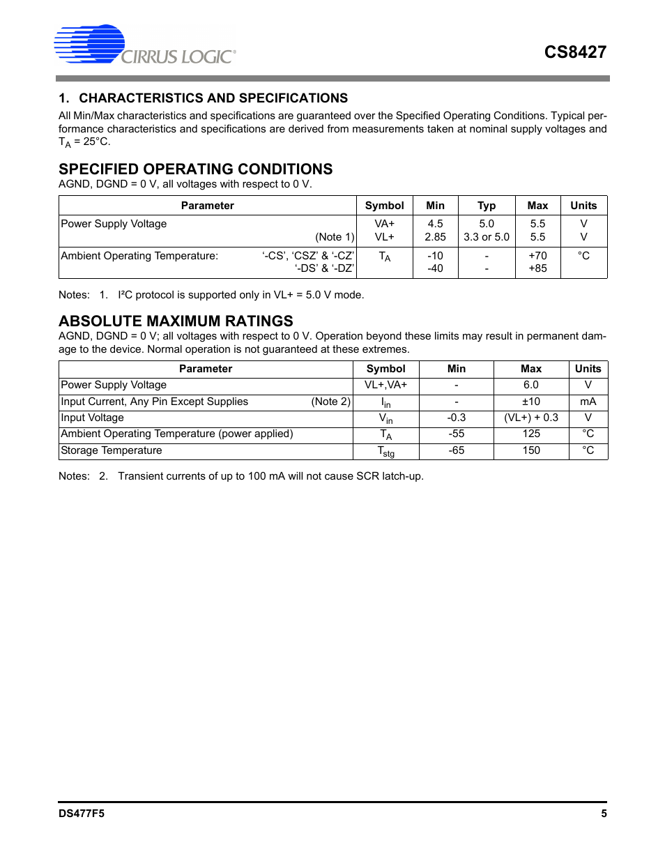 Characteristics and specifications, Cs8427, Specified operating conditions | Absolute maximum ratings | Cirrus Logic CS8427 User Manual | Page 5 / 60