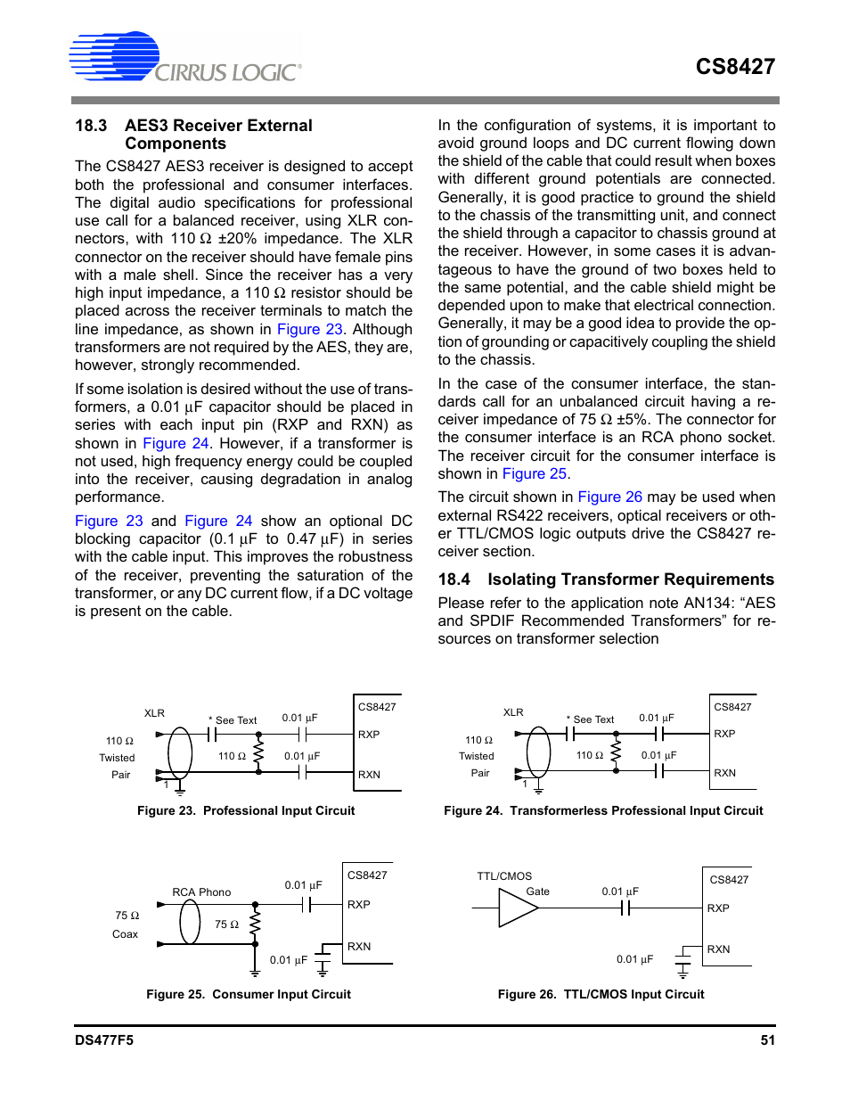 3 aes3 receiver external components, 4 isolating transformer requirements, Cs8427 | Cirrus Logic CS8427 User Manual | Page 51 / 60