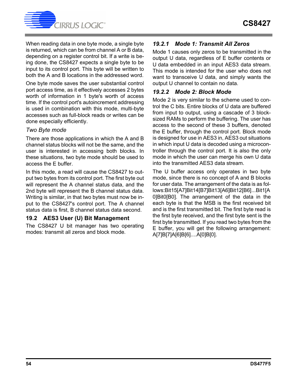 2 aes3 user (u) bit management, 1 mode 1: transmit all zeros, 2 mode 2: block mode | Cs8427 | Cirrus Logic CS8427 User Manual | Page 54 / 60