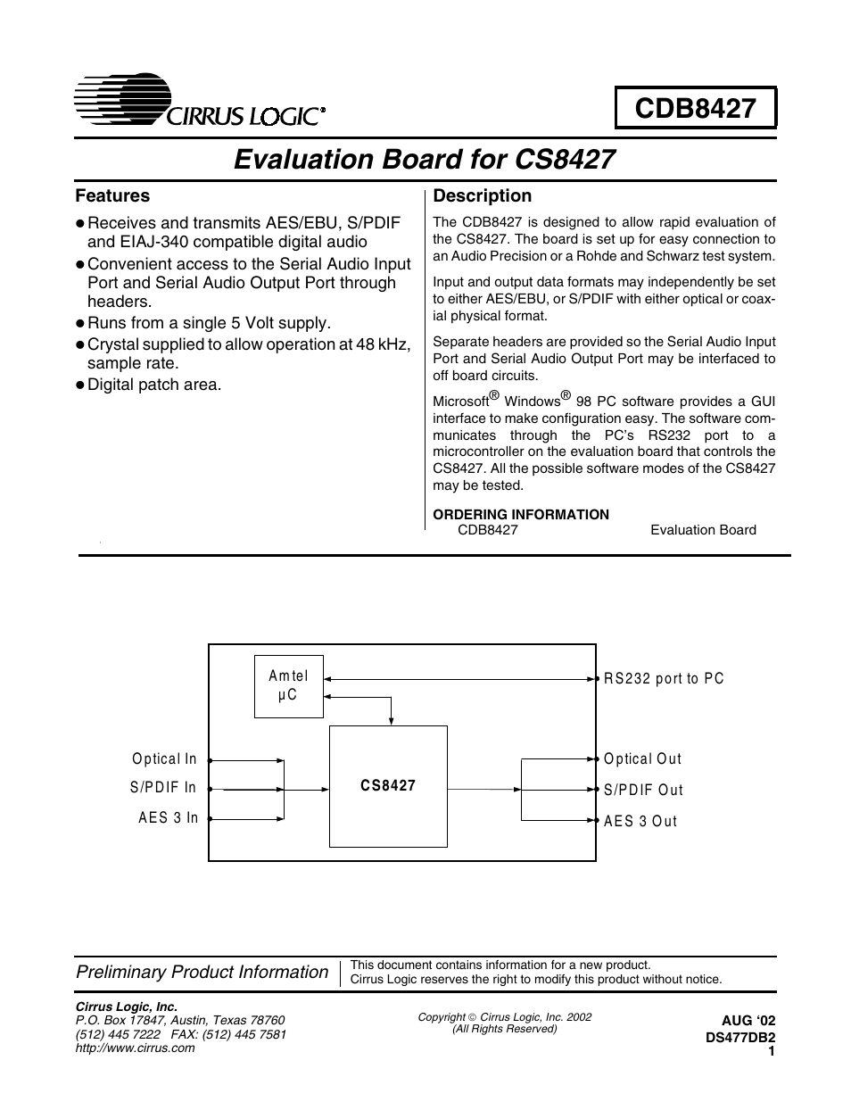 Cirrus Logic CDB8427 User Manual | 14 pages