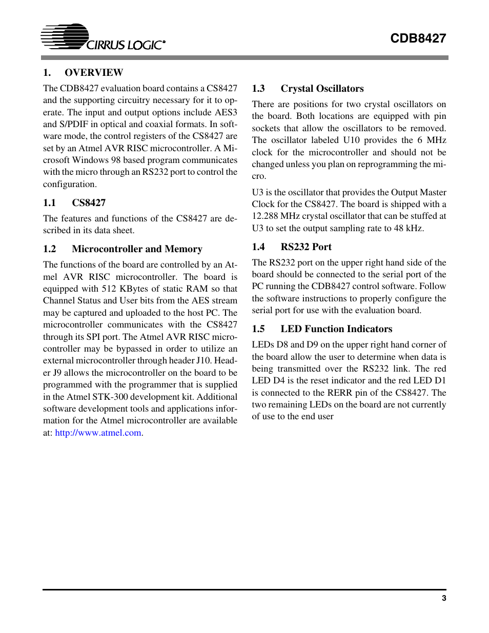 Overview, 1 cs8427, 2 microcontroller and memory | 3 crystal oscillators, 4 rs232 port, 5 led function indicators, Cdb8427 | Cirrus Logic CDB8427 User Manual | Page 3 / 14