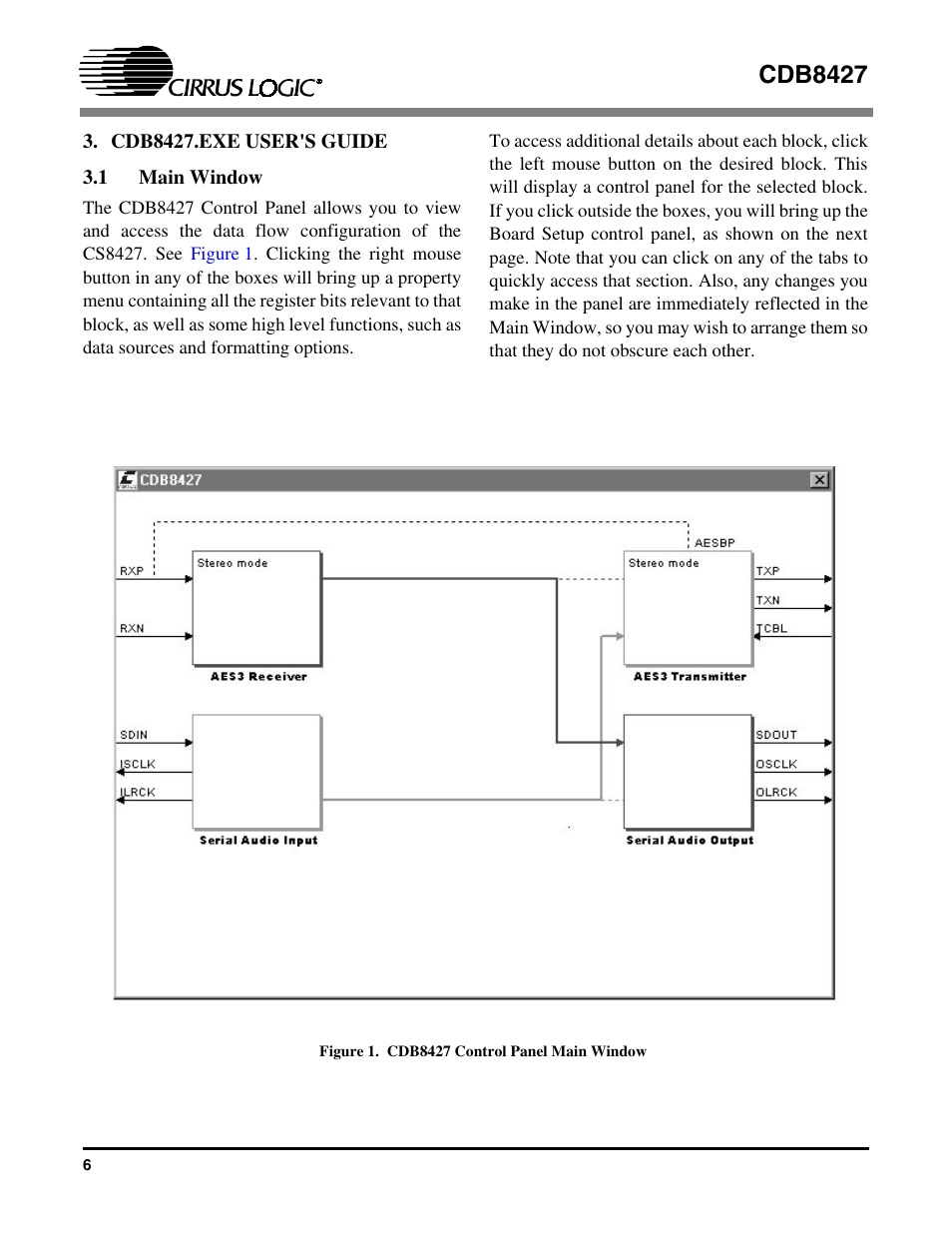 Cdb8427.exe user's guide, 1 main window, Figure 1. cdb8427 control panel main window | Cdb8427 | Cirrus Logic CDB8427 User Manual | Page 6 / 14