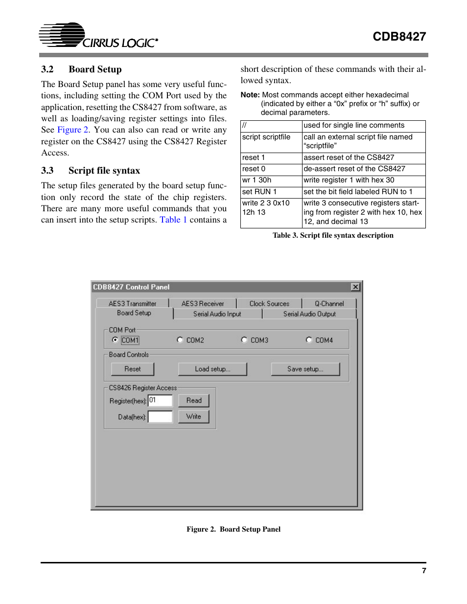2 board setup, 3 script file syntax, 2 board setup 3.3 script file syntax | Figure 2. board setup panel, Table 3. script file syntax description, Cdb8427 | Cirrus Logic CDB8427 User Manual | Page 7 / 14