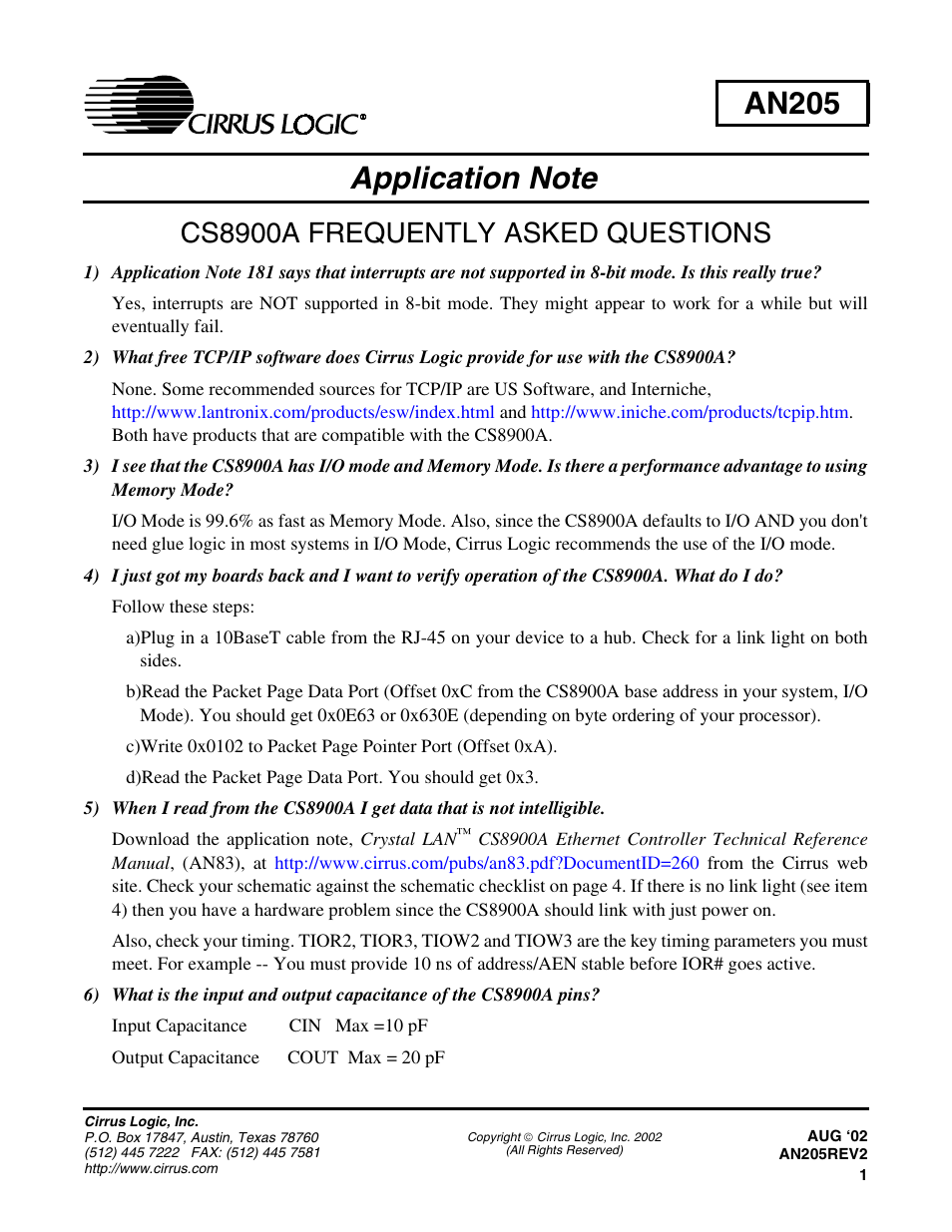 Cirrus Logic AN205 User Manual | 6 pages