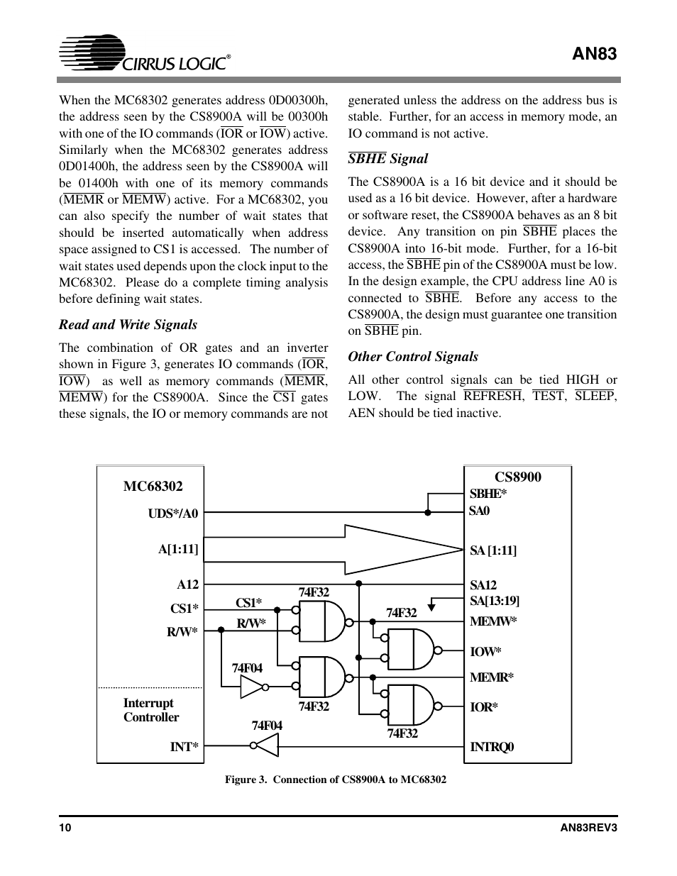 Figure 3. connection of cs8900a to mc68302, Read and write signals, Sbhe signal | Other control signals, An83 | Cirrus Logic AN83 User Manual | Page 10 / 58