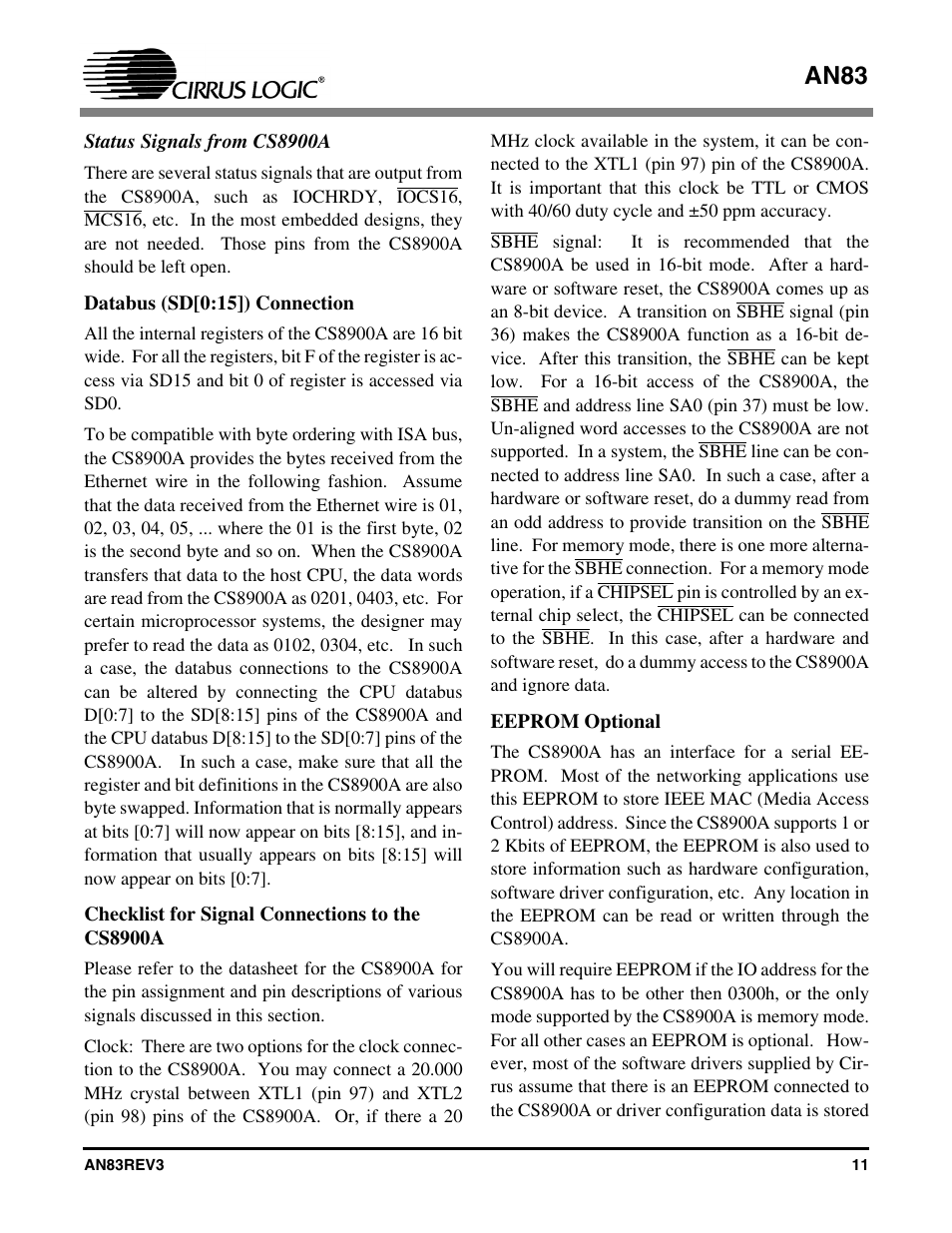 Status signals from cs8900a, Databus (sd[0:15]) connection, Checklist for signal connections to the cs8900a | Eeprom optional, An83 | Cirrus Logic AN83 User Manual | Page 11 / 58