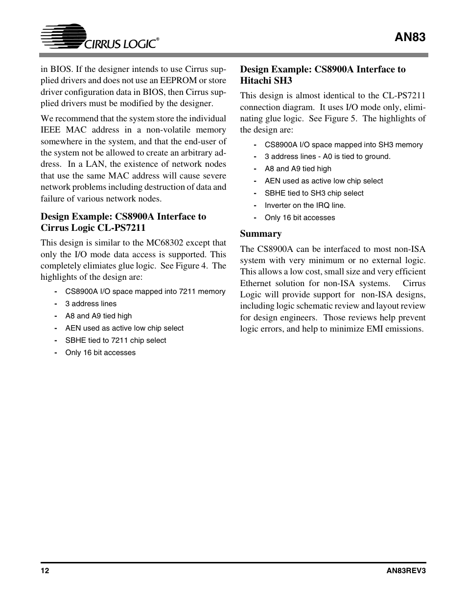 Design example: cs8900a interface to hitachi sh3, Summary, An83 | Cirrus Logic AN83 User Manual | Page 12 / 58