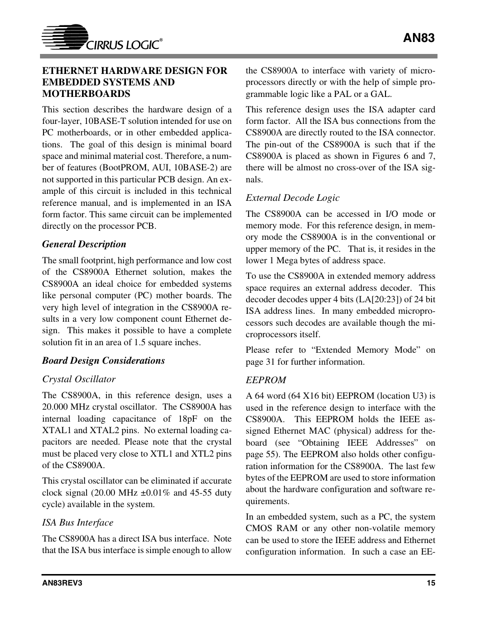 General description, Board design considerations, Crystal oscillator | Isa bus interface, External decode logic, Eeprom, General description board design considerations, An83 | Cirrus Logic AN83 User Manual | Page 15 / 58