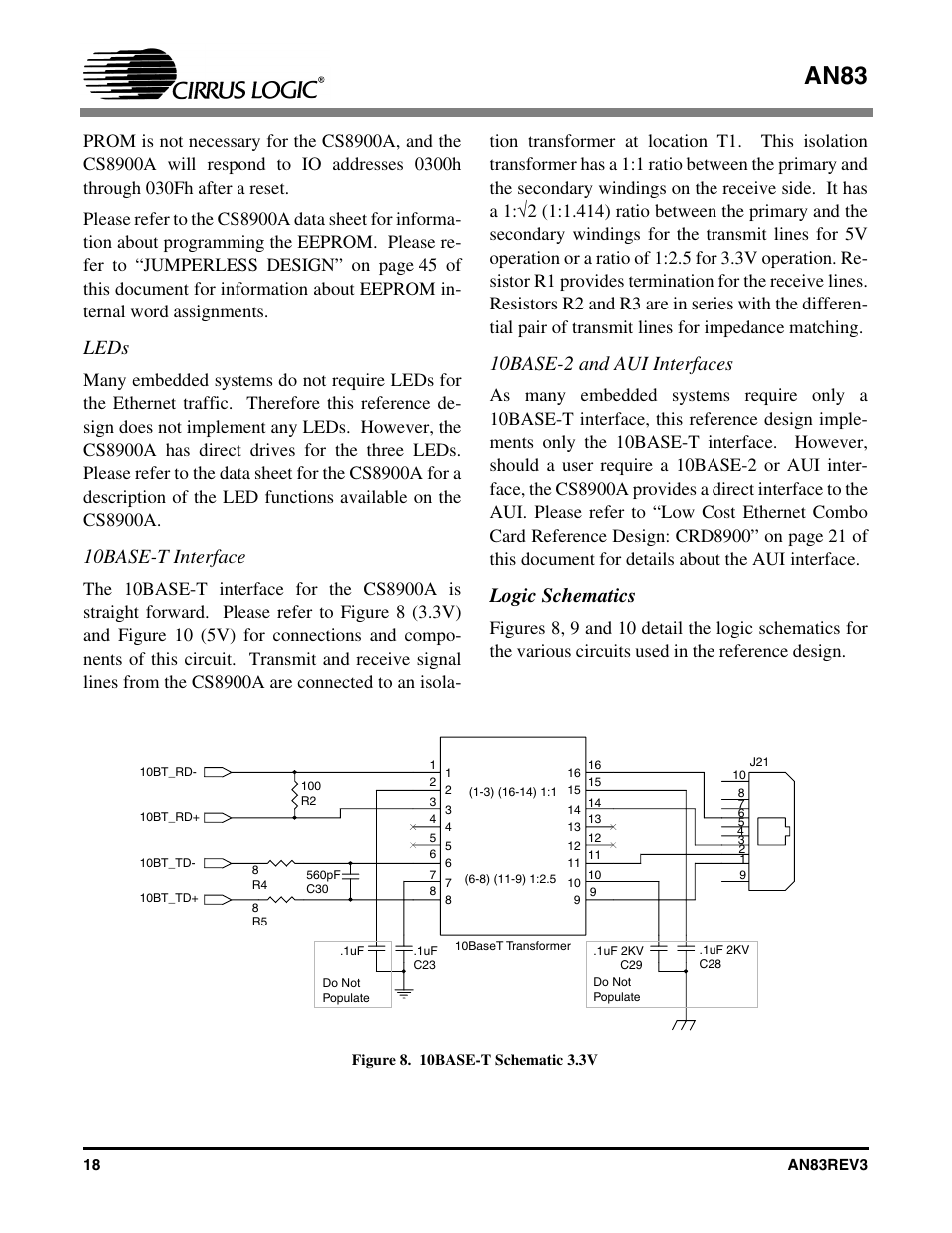 Leds, 10base-t interface, 10base-2 and aui interfaces | Logic schematics, Figure 8. 10base-t schematic 3.3v, An83 | Cirrus Logic AN83 User Manual | Page 18 / 58