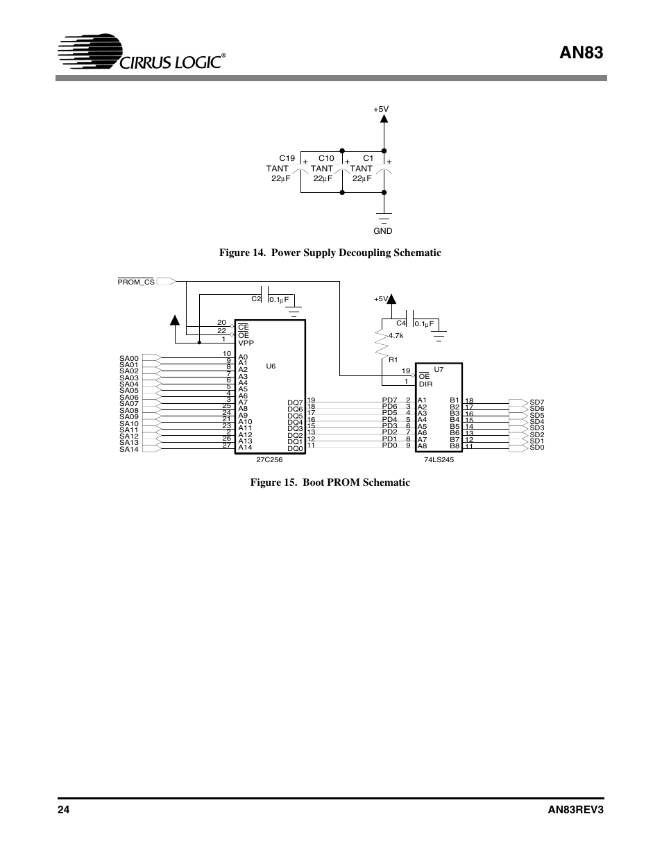 Figure 14. power supply decoupling schematic, Figure 15. boot prom schematic, An83 | Cirrus Logic AN83 User Manual | Page 24 / 58