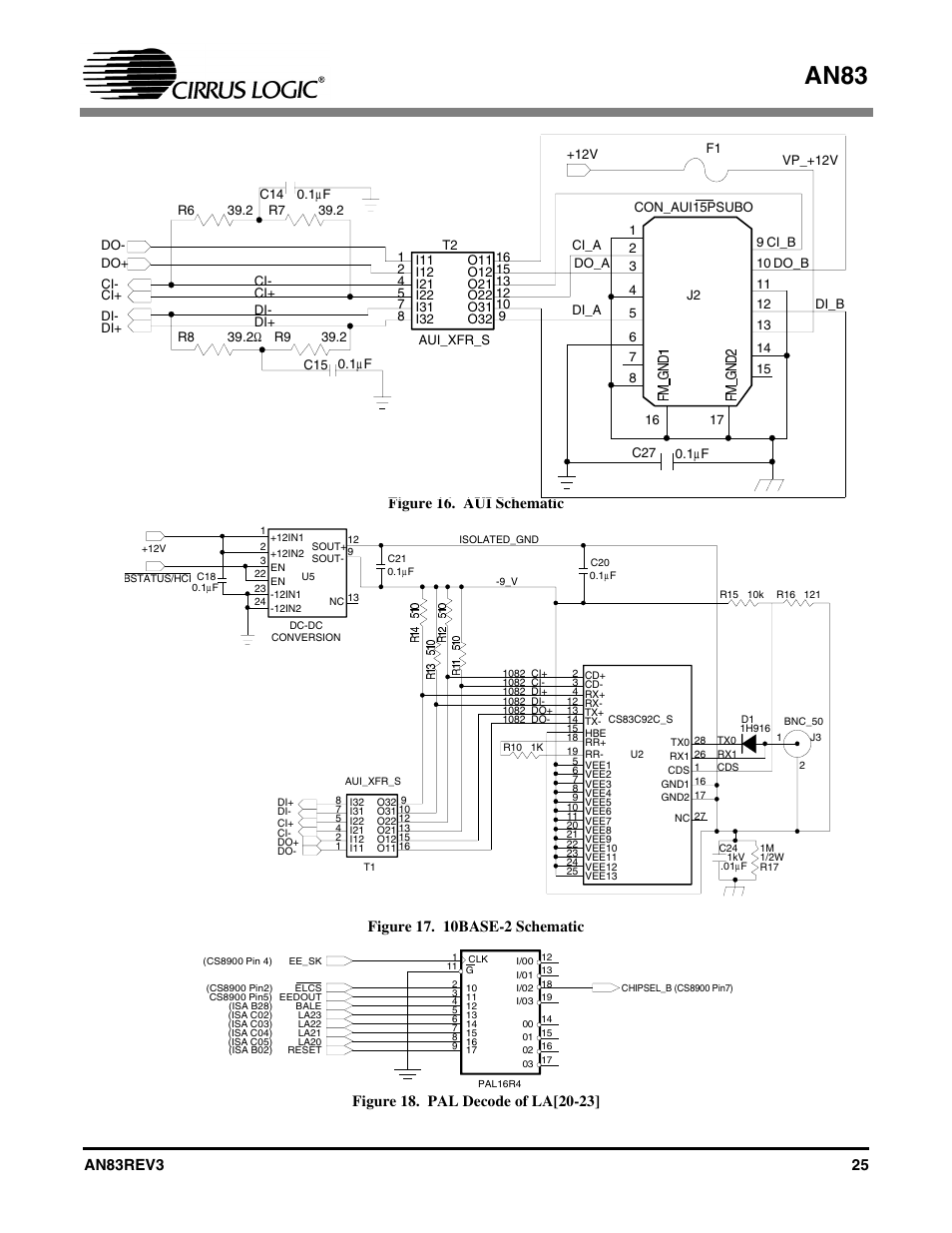 Figure 16. aui schematic, Figure 17. 10base-2 schematic, Figure 18. pal decode of la[20-23 | H 17, An83 | Cirrus Logic AN83 User Manual | Page 25 / 58