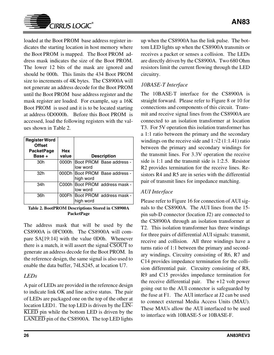 Leds, 10base-t interface, Aui interface | Leds 10base-t interface aui interface, An83 | Cirrus Logic AN83 User Manual | Page 26 / 58