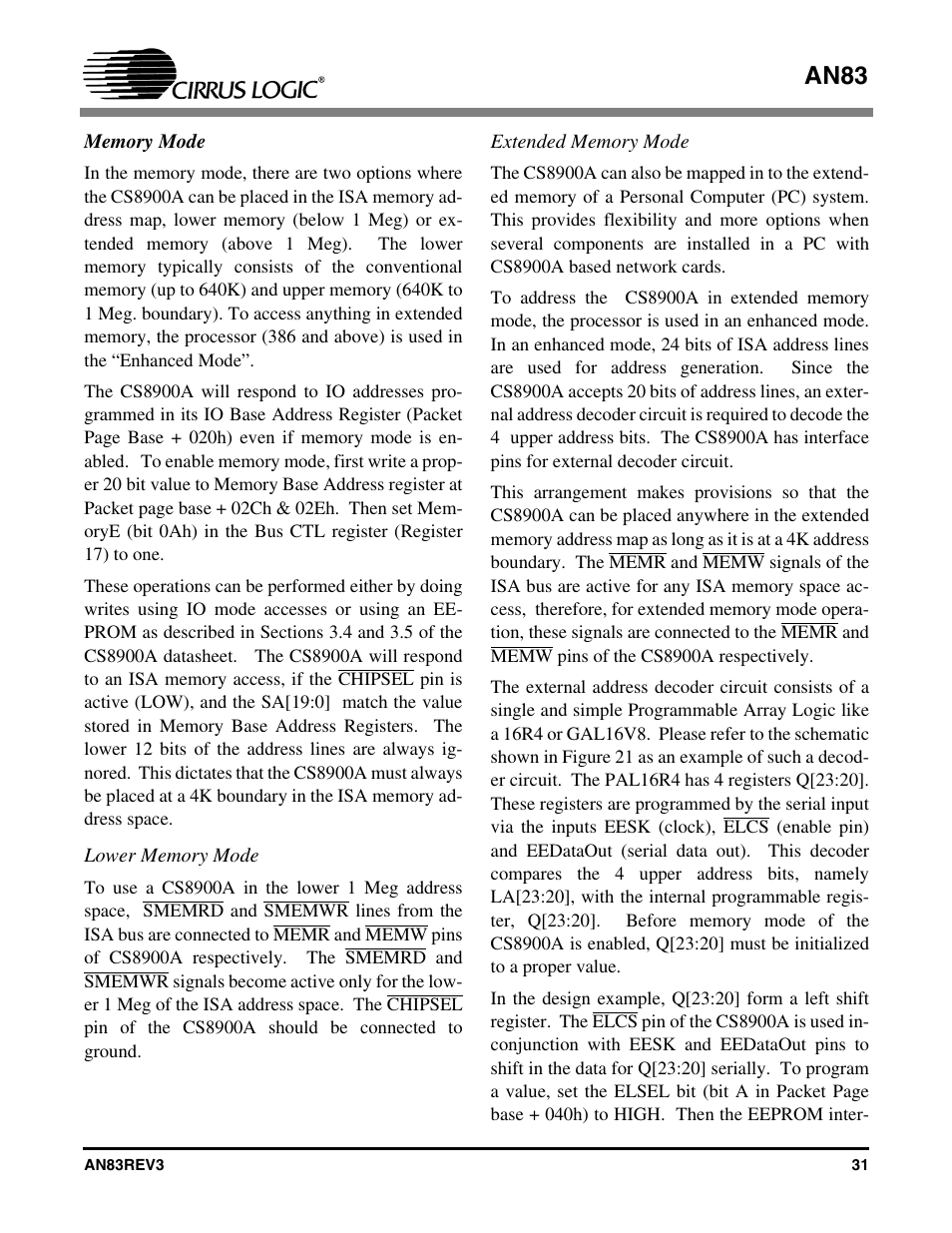 Memory mode, Lower memory mode, Extended memory mode | Lower memory mode extended memory mode, An83 | Cirrus Logic AN83 User Manual | Page 31 / 58