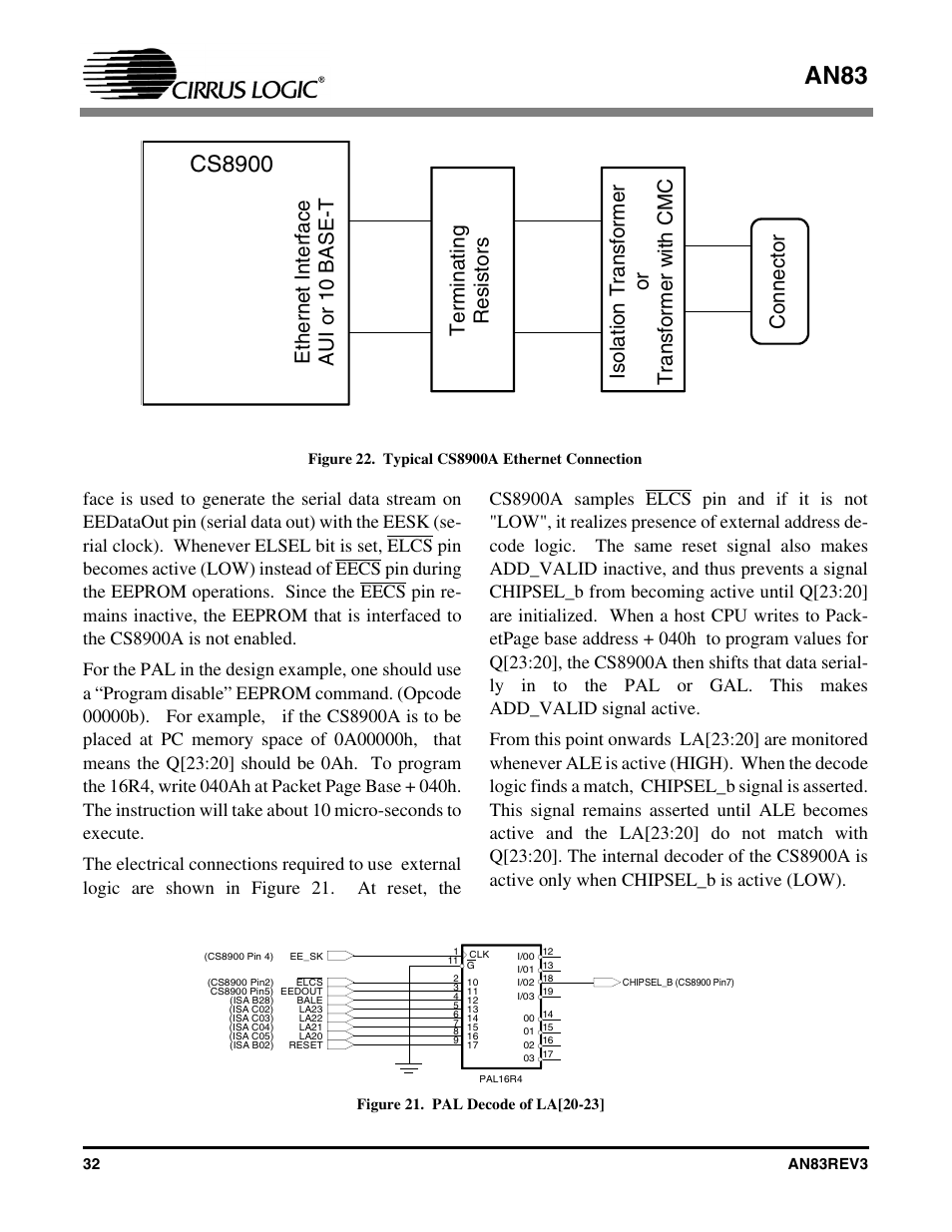 Figure 21. pal decode of la[20-23, Figure 22. typical cs8900a ethernet connection, An83 | Cs8900 | Cirrus Logic AN83 User Manual | Page 32 / 58