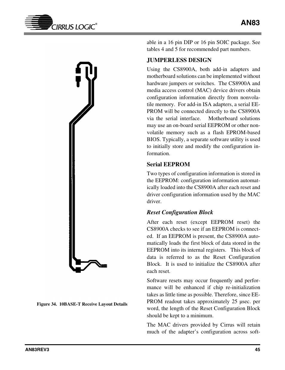 Figure 34. 10base-t receive layout details, Jumperless design, Serial eeprom | Reset configuration block, An83 | Cirrus Logic AN83 User Manual | Page 45 / 58