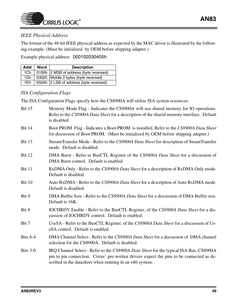 Ieee physical address isa configuration flags, An83 | Cirrus Logic AN83 User Manual | Page 49 / 58