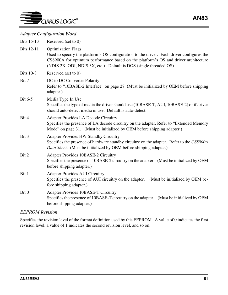 Adapter configuration word eeprom revision, An83 | Cirrus Logic AN83 User Manual | Page 51 / 58