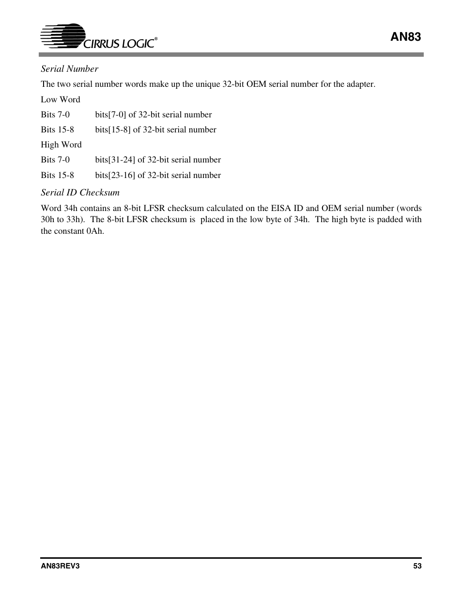 Serial number serial id checksum, An83 | Cirrus Logic AN83 User Manual | Page 53 / 58