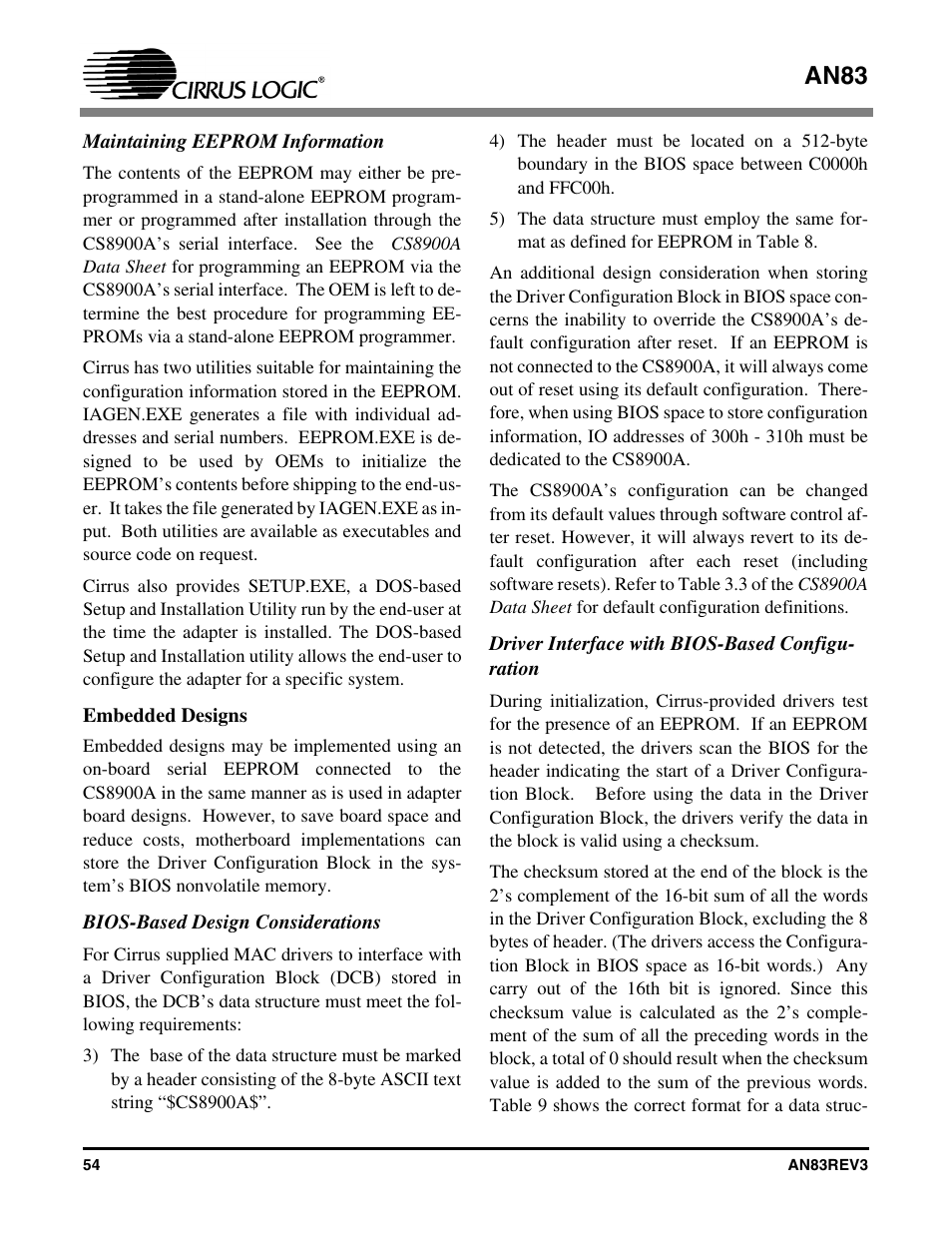Maintaining eeprom information, Embedded designs, Bios-based design considerations | Driver interface with bios-based configuration, An83 | Cirrus Logic AN83 User Manual | Page 54 / 58