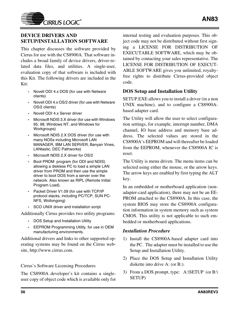 Device drivers and setup/installation software, Dos setup and installation utility, Installation procedure | An83 | Cirrus Logic AN83 User Manual | Page 56 / 58